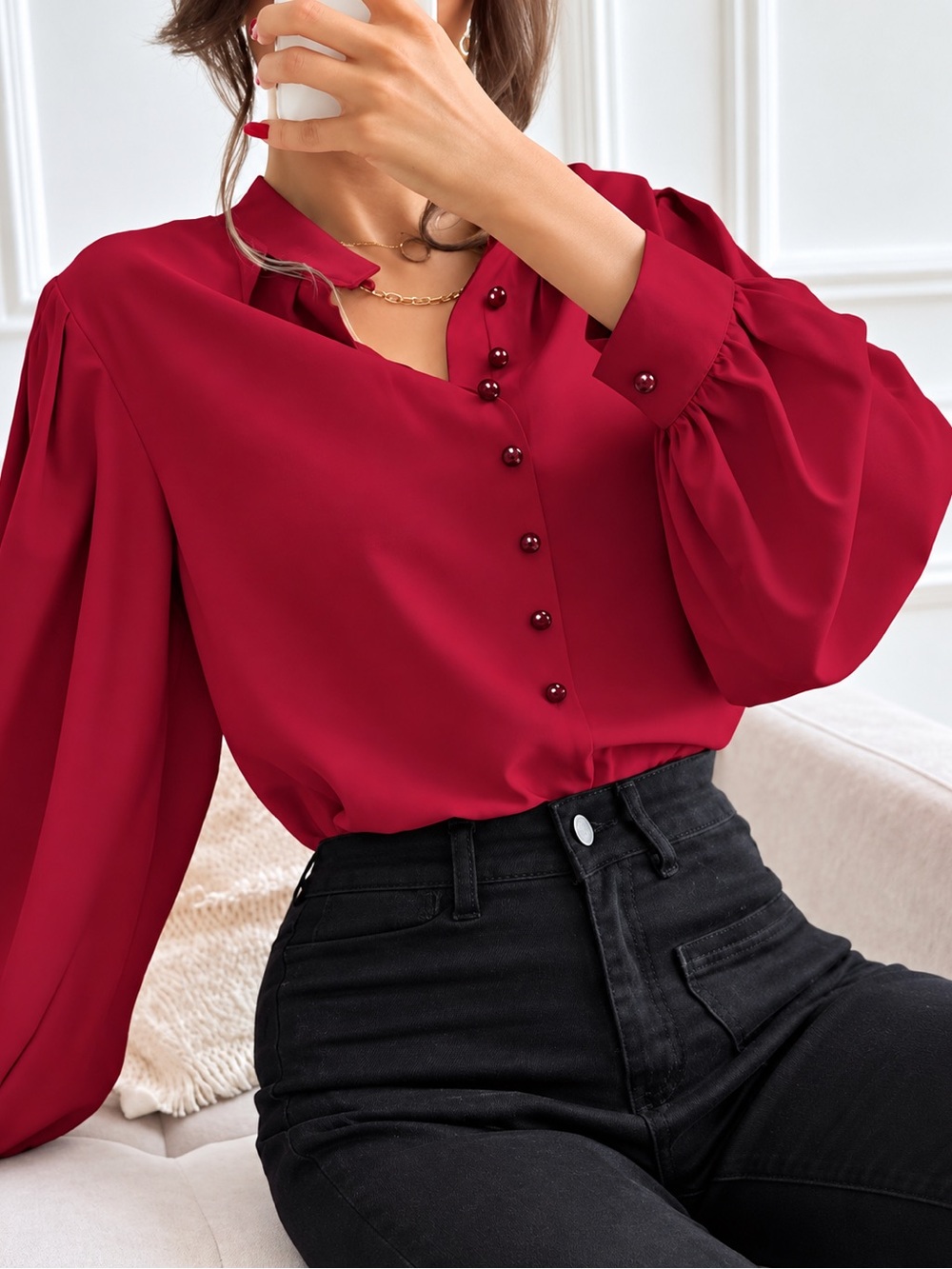 Elegant Red Puff Sleeve Button Blouse – Chic Long Sleeve Statement Top | M–XL